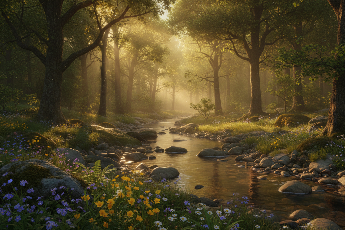 Peaceful nature scene representing natural self-care and stress relief"