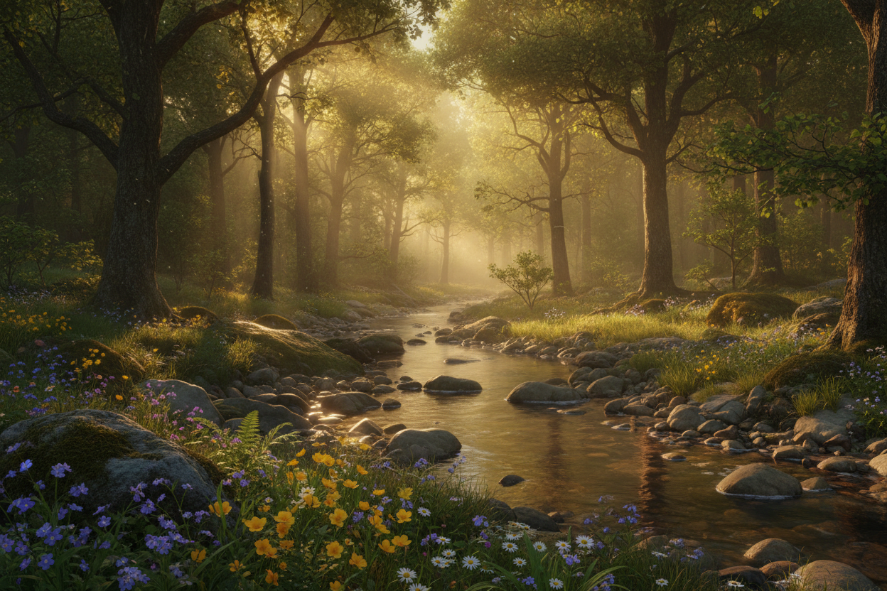 Peaceful nature scene representing natural self-care and stress relief"